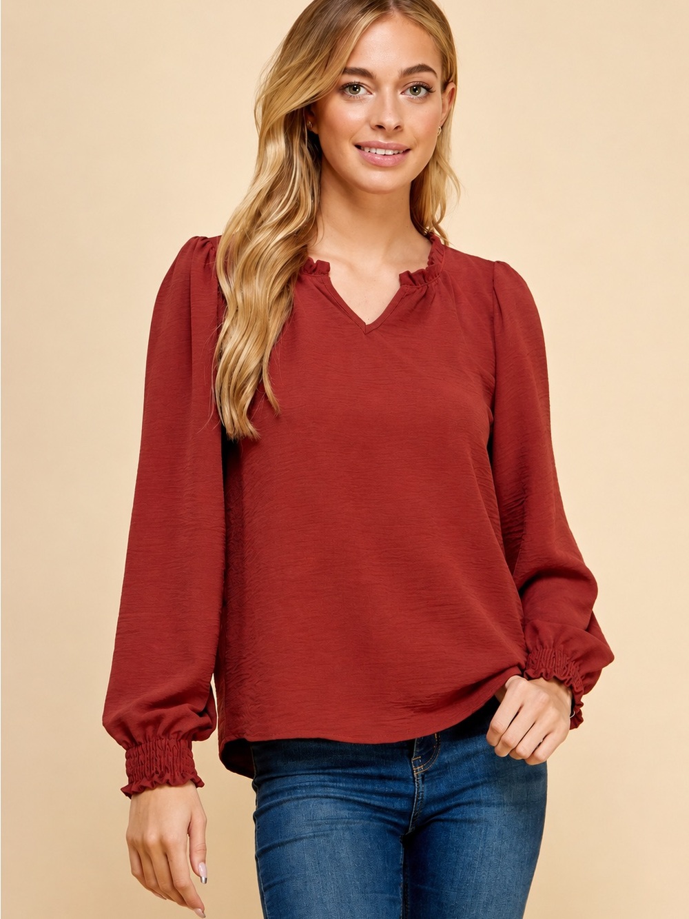 NWT Women's V-Neck Rust Red Ruffle-Trim Blouse